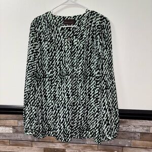 Dana Buchman Black With Green & White Patterned Blouse Large
